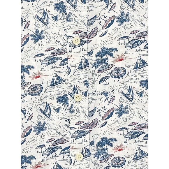 Columbia Shirt Men's L Short Sleeve Boats Beach Umbrellas Ocean Sun Trees Campy - Picture 3 of 6